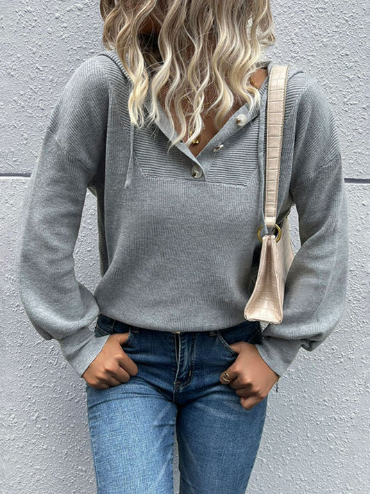 Perfee Quarter Button Drawstring Detail Knit Hoodie