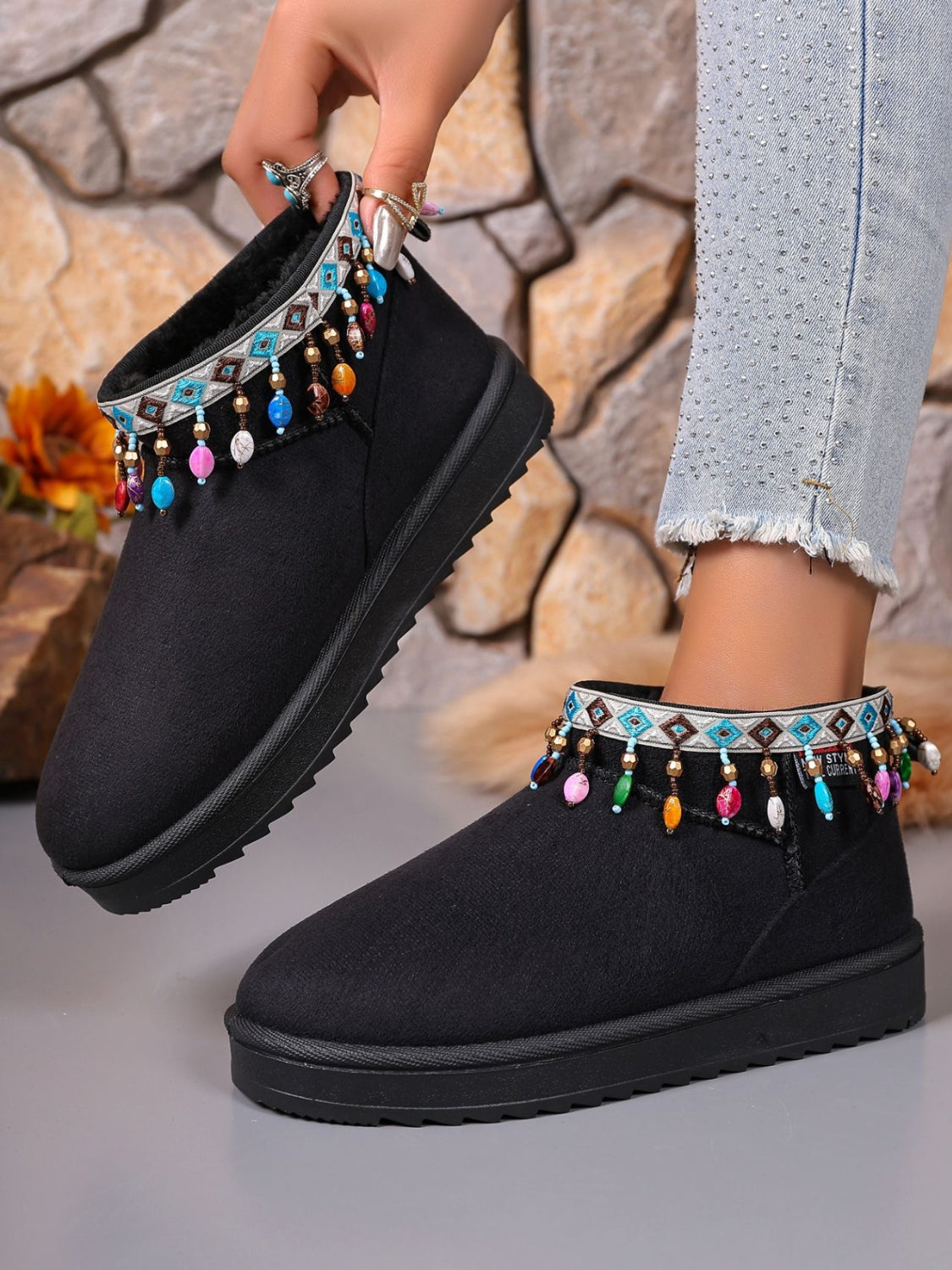 Thermal Faux Fur Beaded Platform Boots