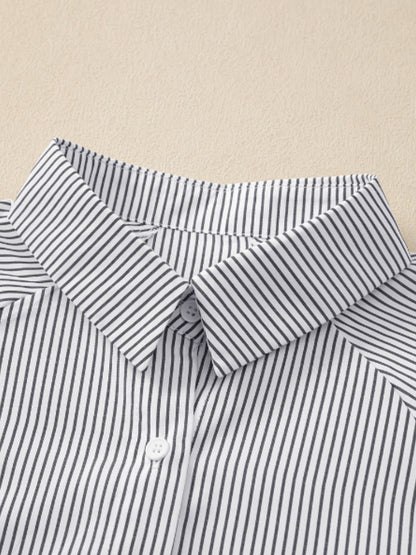 Striped Collared Neck Lantern Sleeve Shirt