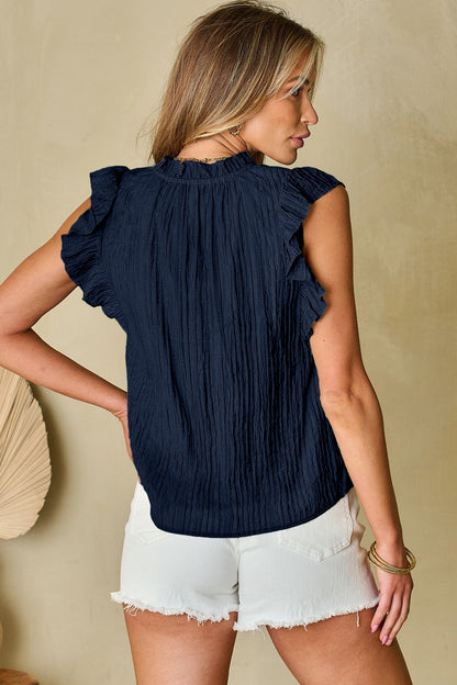 Ruffled Tie Neck Cap Sleeve Blouse