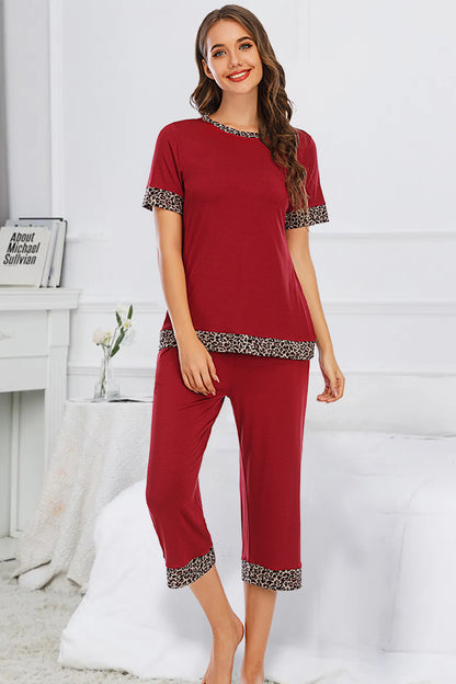 Round Neck Short Sleeve Top and Capris Pants Lounge Set