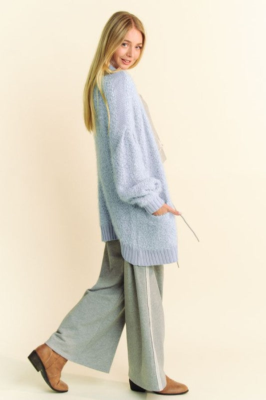 Davi & Dani Ribbed Hem Button Up Long Sleeve Cardigan