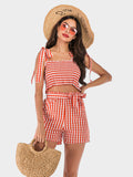 Perfee Tied Smocked Plaid Top and Shorts Set