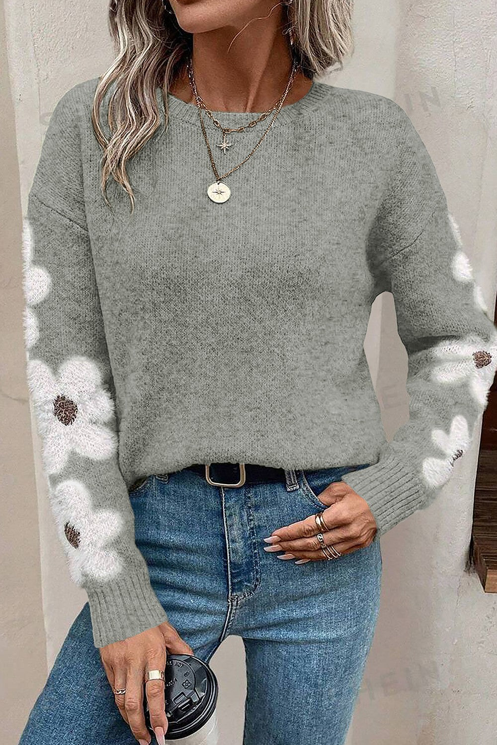 Flower Round Neck Long Sleeve Sweater