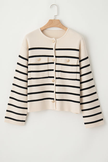 Striped Button Up Round Neck Cardigan