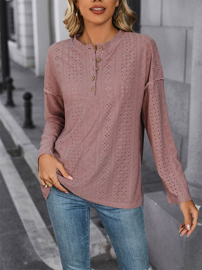 Eyelet Round Neck Long Sleeve Top