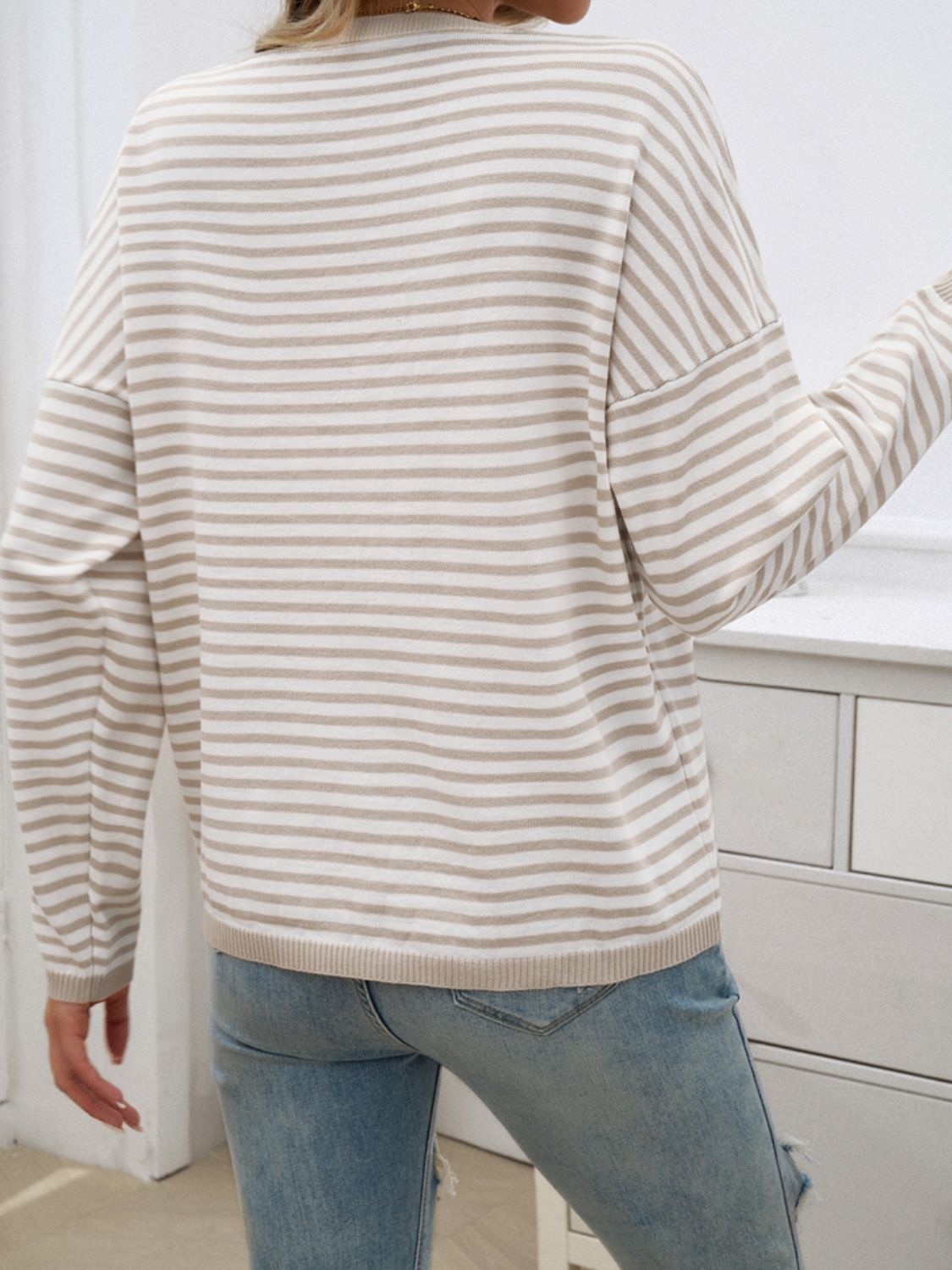 Striped Round Neck Dropped Shoulder Sweater