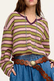 Striped Notched Long Sleeve T-Shirt