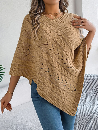 Cable-Knit Openwork Three-Quarter Sleeve Sweater