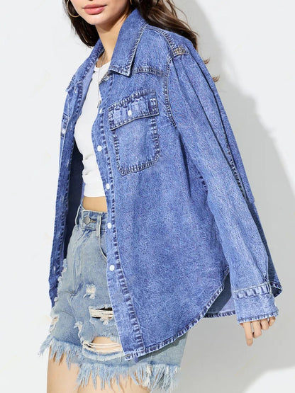 Curved Hem Collared Neck Denim Top