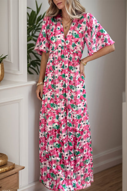 Printed Plunge Short Sleeve Maxi Tiered Dress