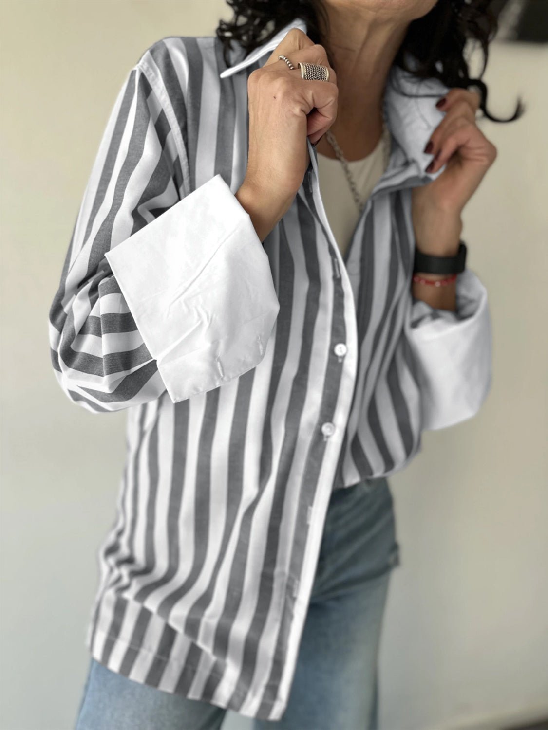 Striped Collared Neck Long Sleeve Shirt