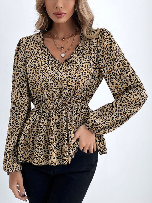 Frill Peplum Leopard V-Neck Long Sleeve Blouse