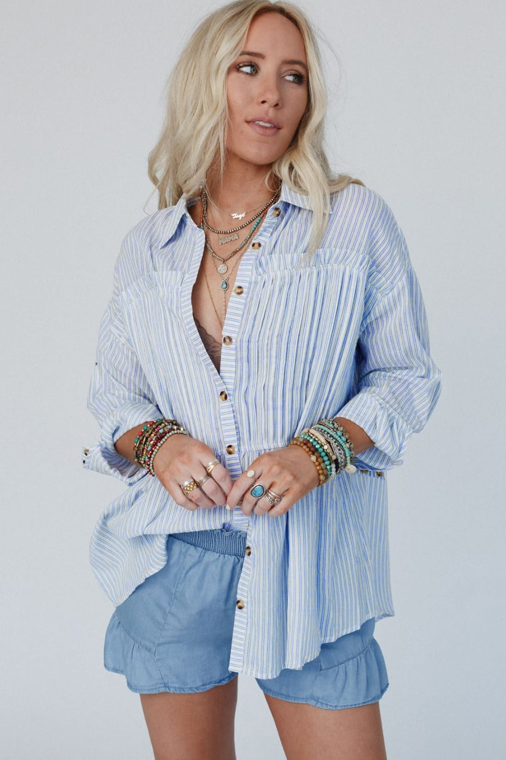 High-Low Striped Collared Neck Long Sleeve Shirt