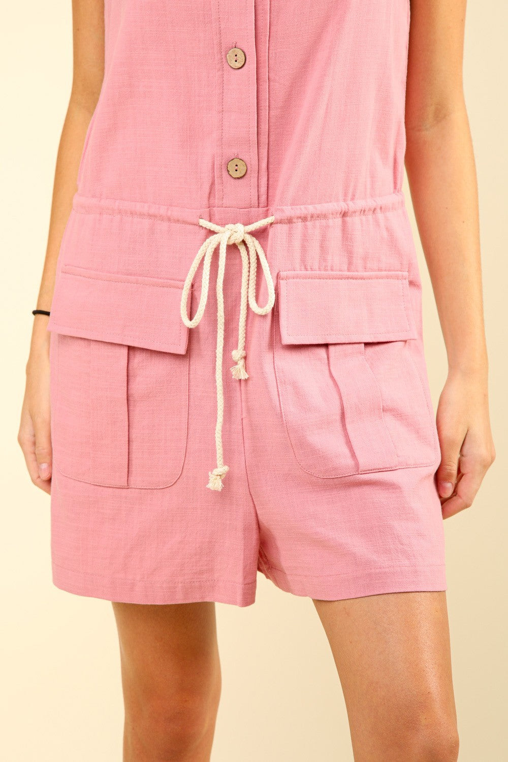 VERY J Half Button Drawstring Sleeveless Romper