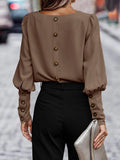 Decorative Button Round Neck Long Sleeve Blouse