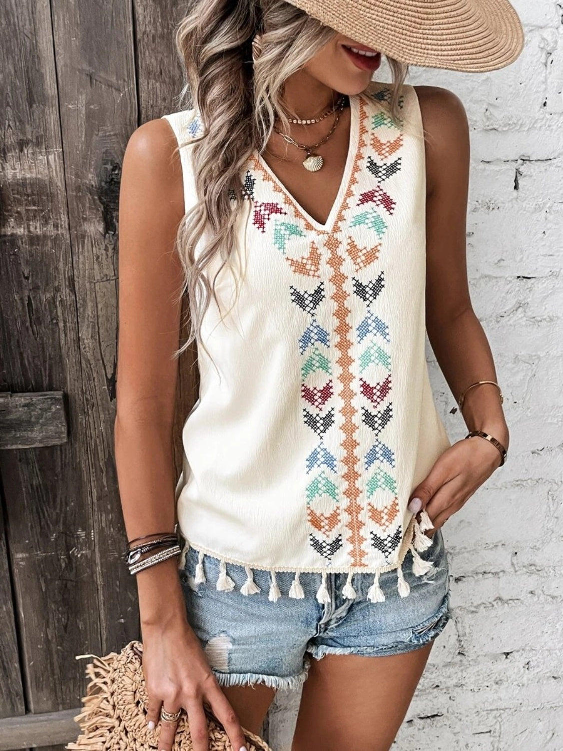 Tassel Printed V-Neck Tank