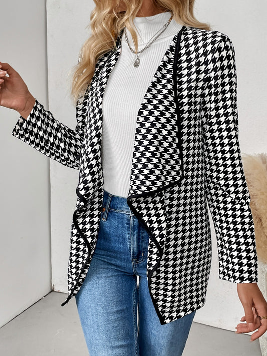 Houndstooth Open Front Long Sleeve Jacket