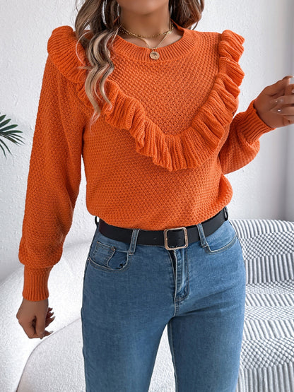 Ruffled Round Neck Long Sleeve Sweater