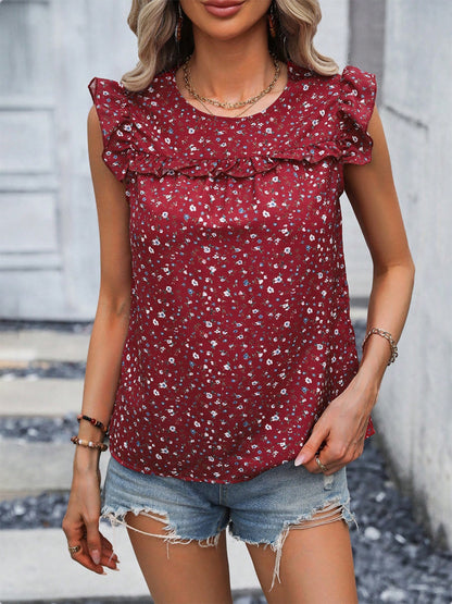 Ruffled Printed Round Neck Cap Sleeve Blouse