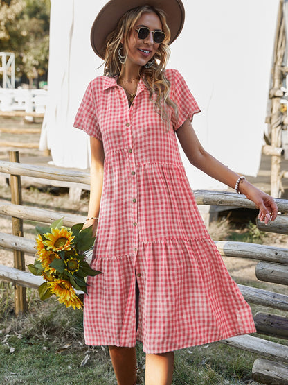 Button Up Plaid Short Sleeve Midi Dress