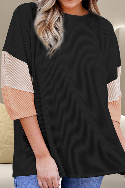 Color Block Round Neck Three-Quarter Sleeve Blouse