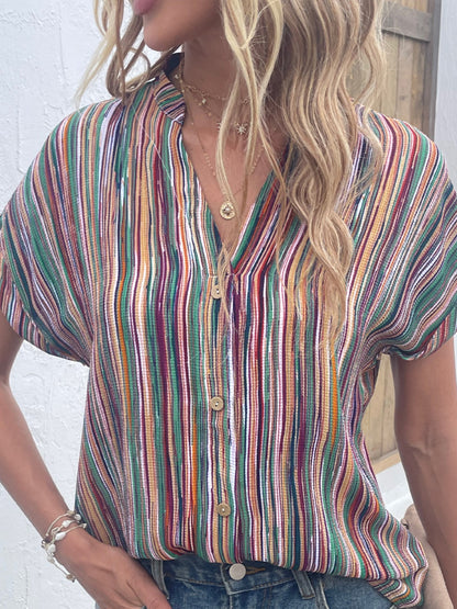 Striped Notched Short Sleeve Blouse