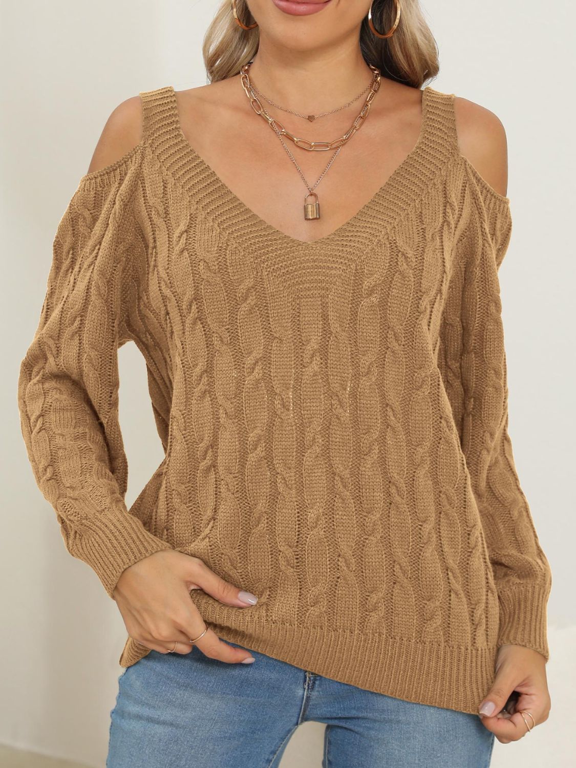 Cable-Knit V-Neck Long Sleeve Sweater