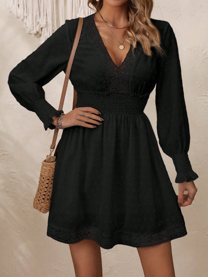 Lace Detail V-Neck Long Sleeve Dress