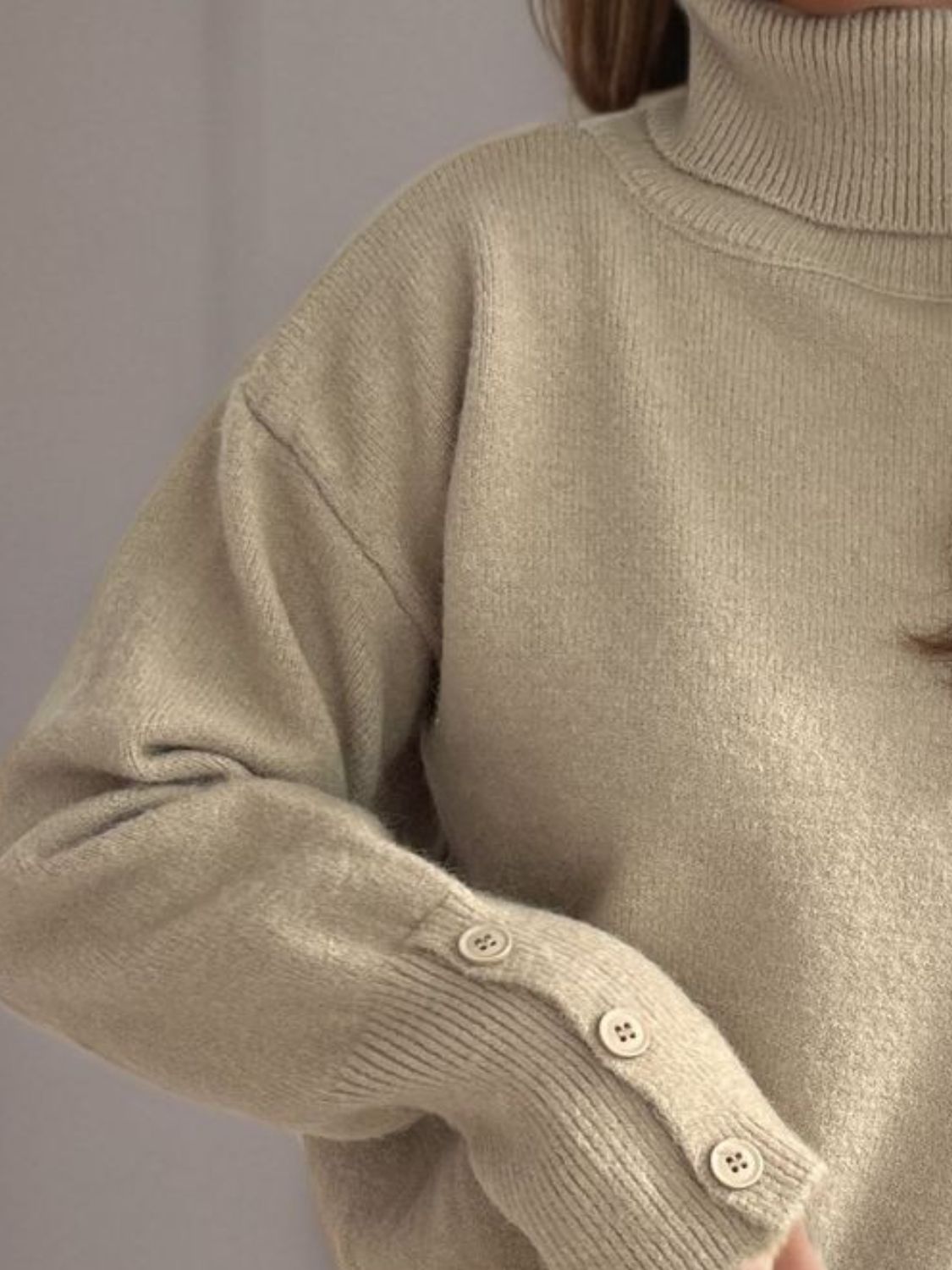 Front Slit Decorative Button Turtleneck Sweater