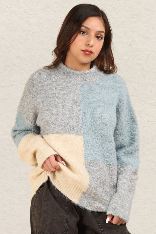 VERY J Color Block Mock Neck Drop Shoulder Sweater