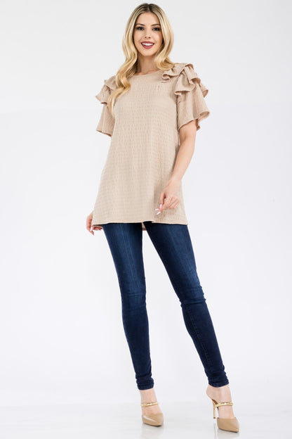 Celeste Full Size Ruffle Layered Short Sleeve Texture Top