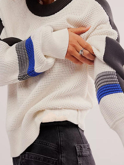 Waffle-Knit Contrast Round Neck Sweater