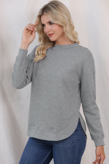 Waffle-Knit Crewneck Drop Shoulder Top