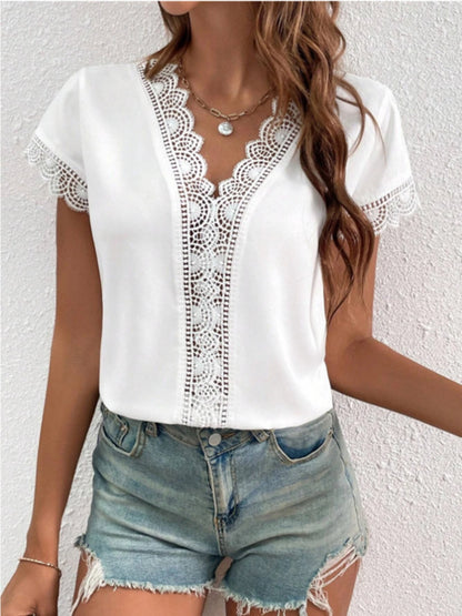 Lace Detail V-Neck Cap Sleeve Blouse