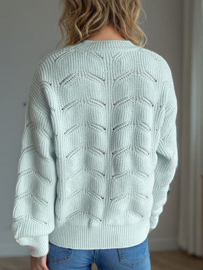 Openwork Round Neck Dropped Shoulder Sweater