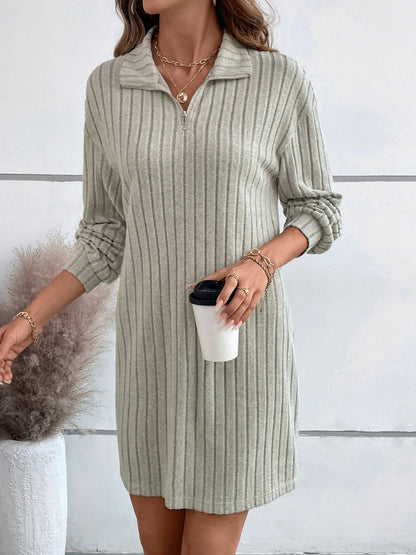 Ribbed Collared Neck Long Sleeve Dress