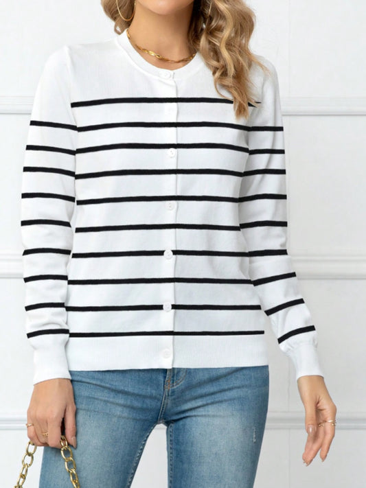 Striped Round Neck Button Up Cardigan