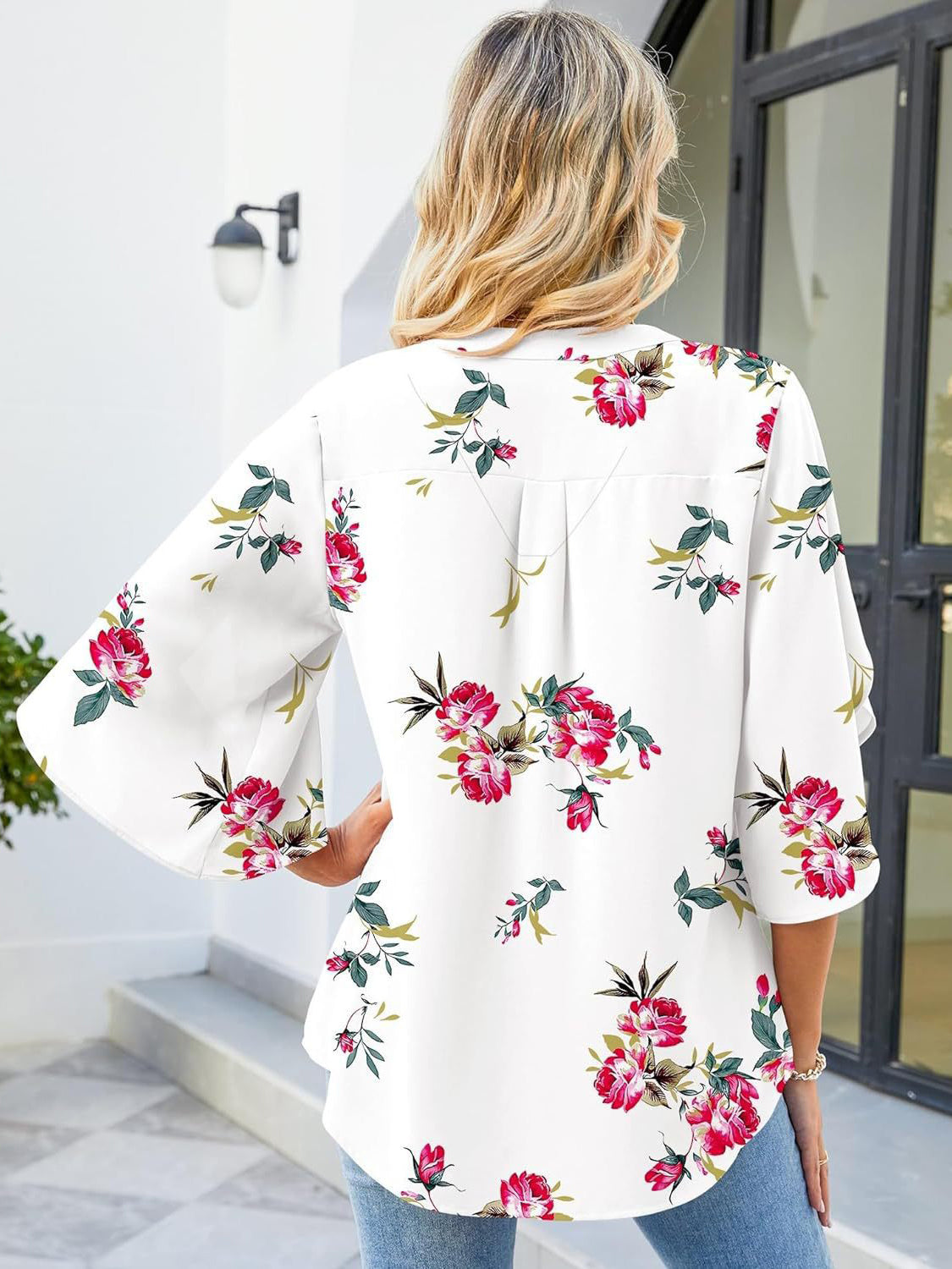 Printed Notched Half Sleeve Blouse