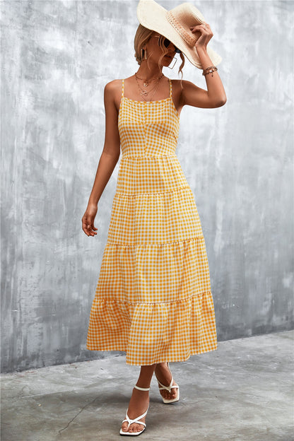 Plaid Square Neck Midi Cami Dress