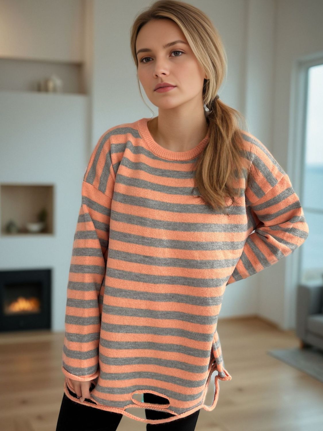 Distressed Striped Round Neck Long Sleeve Sweater