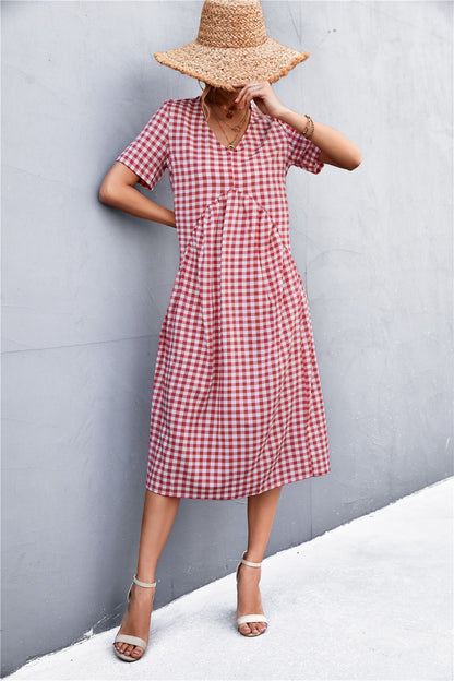 Plaid V-Neck Short Sleeve Dress