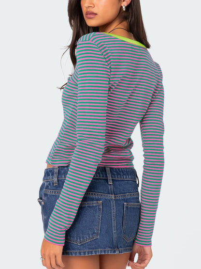 Buttoned Striped Long Sleeve T-Shirt