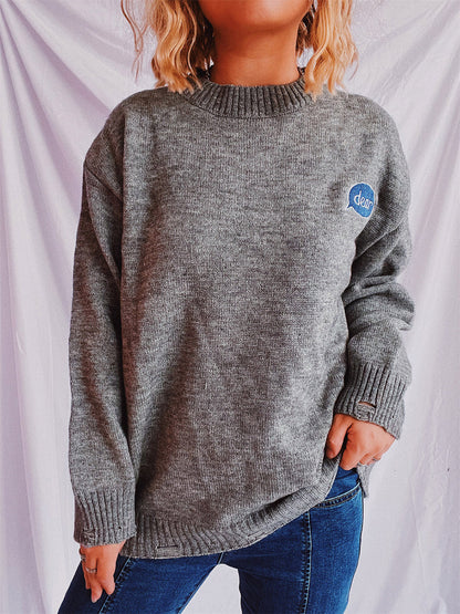 Embroidered Round Neck Dropped Shoulder Sweater