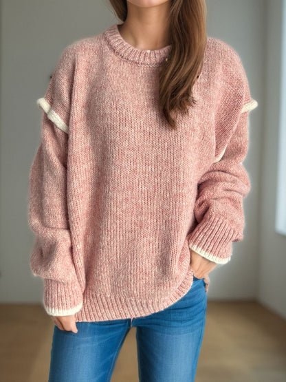 Contrast Trim Round Neck Dropped Shoulder Sweater