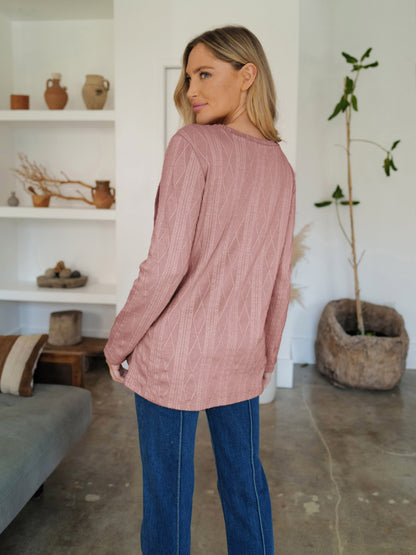 Slit Round Neck Long Sleeve T-Shirt