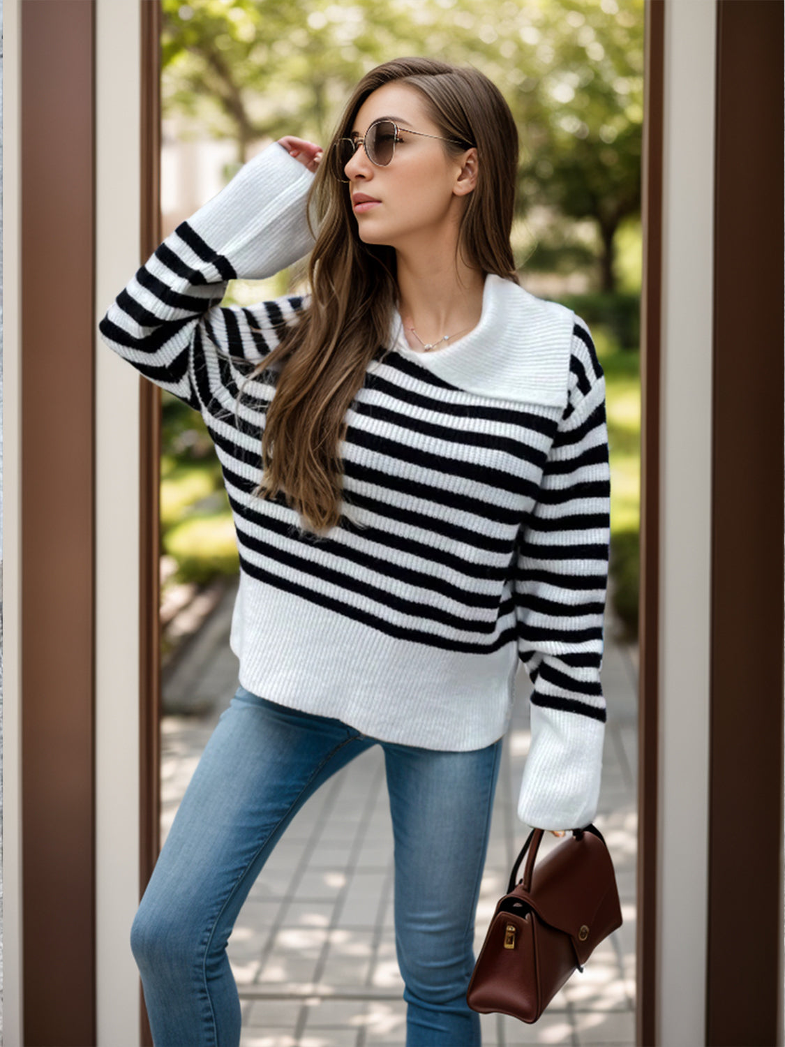 Striped Collared Neck Long Sleeve Sweater