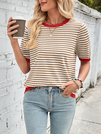 Lovelet Striped Contrast Round Neck Half Sleeve Knit Top