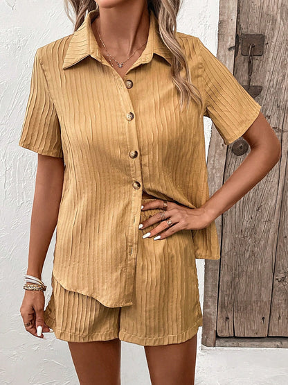 Textured Button Up Shirt and Shorts Set