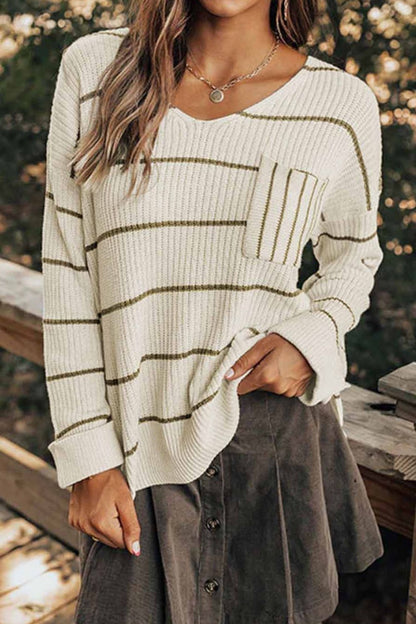 Striped V-Neck Drop Shoulder Sweater with Pocket